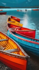 Brightly painted canoes rest on a rocky lakeshore, with calm blue water and distant paddlers under a serene mountain backdrop.
