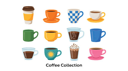 Collection of Twelve Diverse Coffee Cups and Mugs in Various Styles and Colors on a White Background