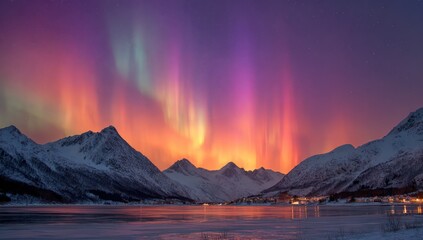 Aurora borealis over snowy mountains and fjord