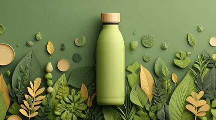 A green water bottle surrounded by green leaves and plants, placed on a green background with a wooden lid. The bottle is the central focus, with the leaves and plants serving as a natural backdrop.