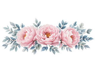 Elegant floral composition of pink peonies with dusty blue eucalyptus leaves, transparent background 