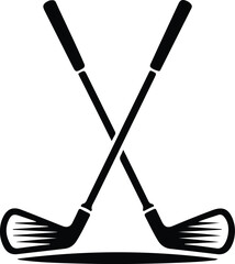 black silhouette of two crossed golf clubs isolated on white background, simple sports vector icon design for golf theme