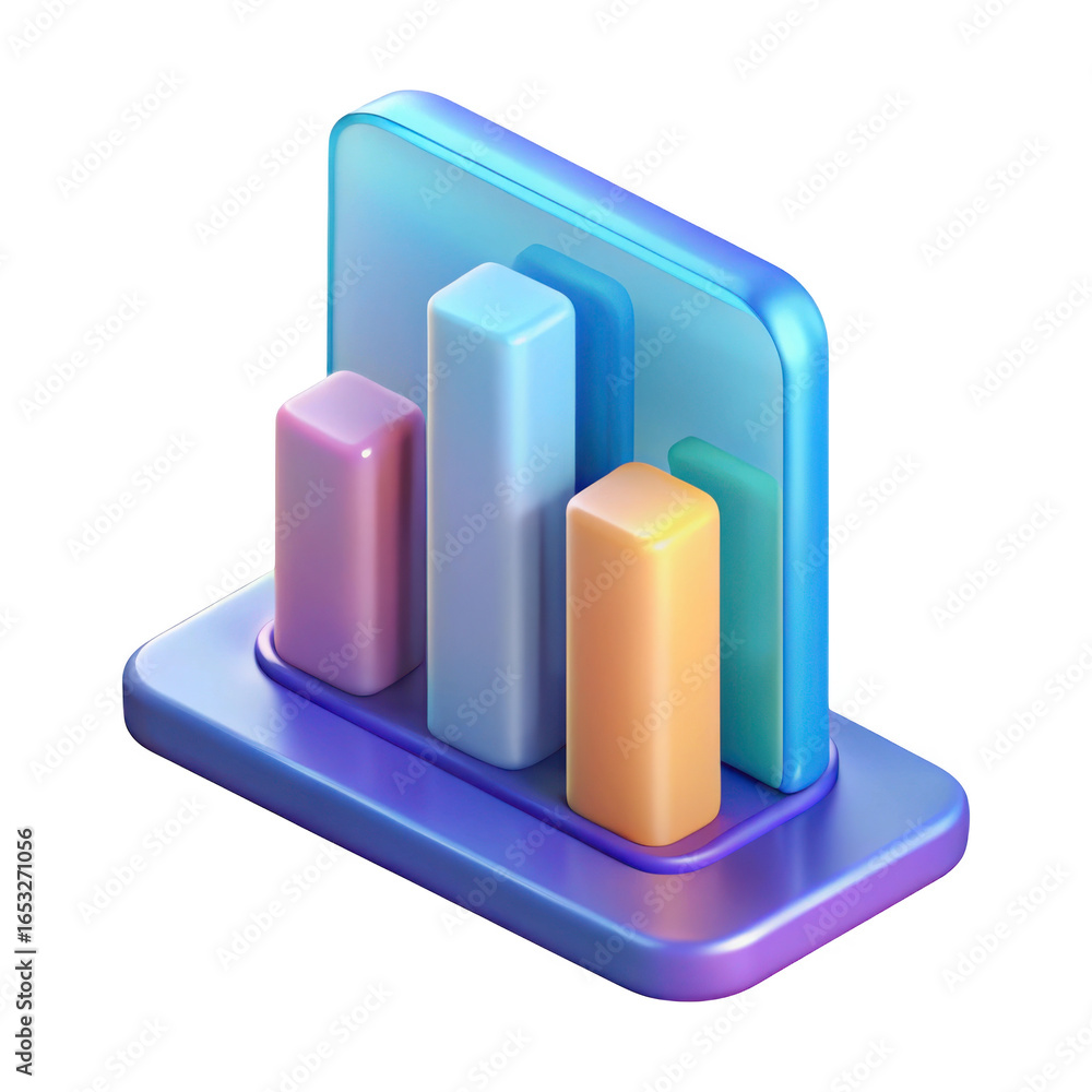 Poster iridescent 3d bar chart icon isolated on transparent background