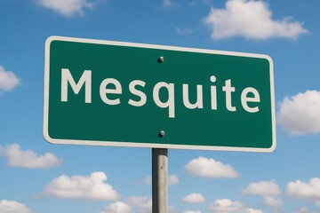 Green highway sign displaying "Mesquite" in white letters, set beneath a bright blue sky with scattered fluffy clouds.