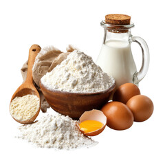 Ingredients for baking prepared on a kitchen countertop with flour, eggs, and milk arranged for a cooking session