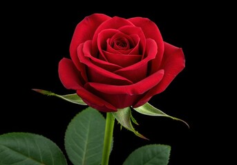 Fototapeta premium Blooming red rose flower with green leaves on black background