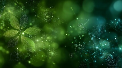 A vibrant green and blue abstract digital art piece with a geometric pattern and a central green leaf-like shape, set against a blurred green background with bokeh effects.