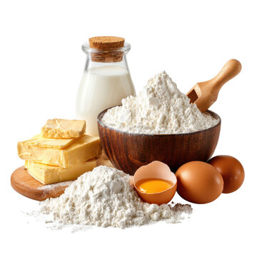 Ingredients for baking displayed in rustic kitchen setting with flour, eggs, milk, and butter