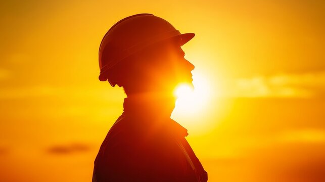 Silhouette of construction worker in hard hat against bright orange sunset symbolizing dedication