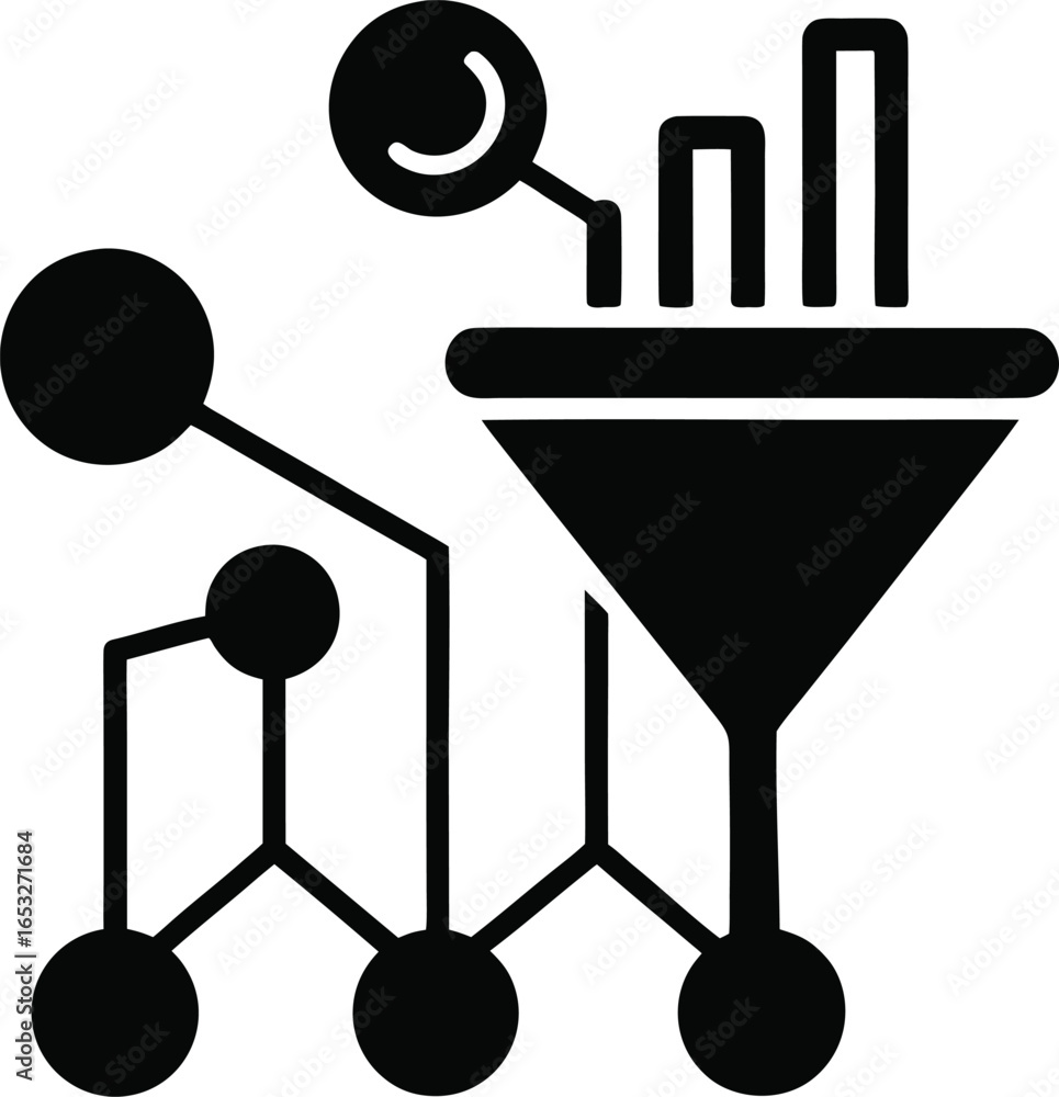 Poster data analysis funnel with charts and network nodes for business insights
