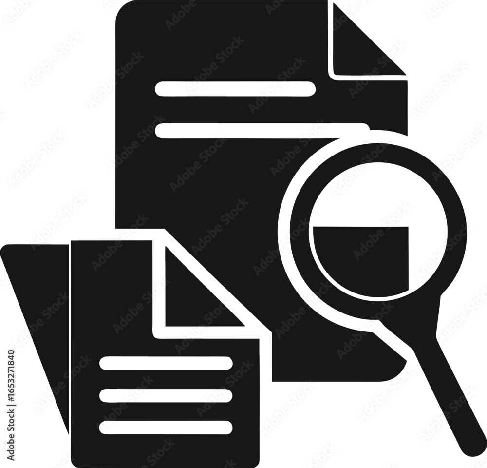 Poster document and folder with magnifying glass, isolated on white background