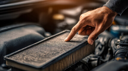 Person inspecting a car air filter under the hood