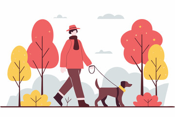 Mężczyzna spacerujący z psem w jesiennym parku. Koncepcja relaksu, aktywnego stylu życia i spędzania czasu na łonie natury.