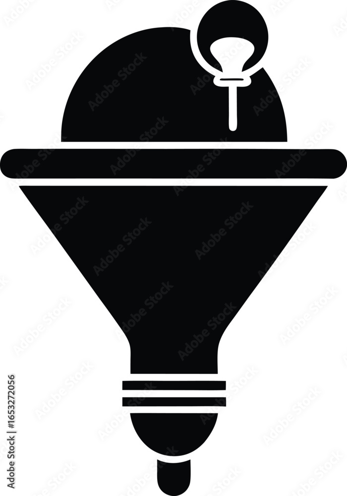 Poster funnel with lightbulb symbolizing idea filtering and innovation isolated on white background
