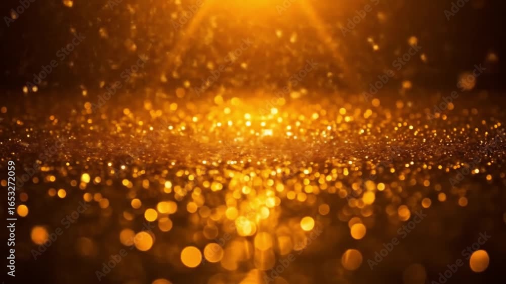 Poster a shimmering cascade of golden glitter particles falling onto a reflective surface with bokeh effect