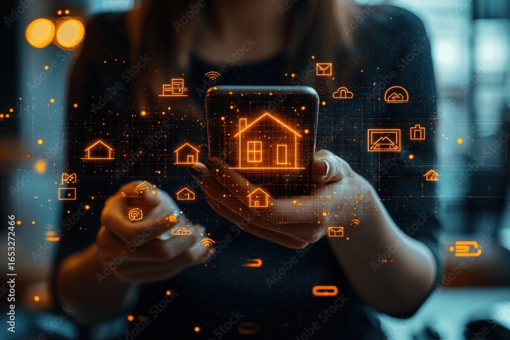 Aufkleber digital smart home technology concept with mobile device and interconnected icons