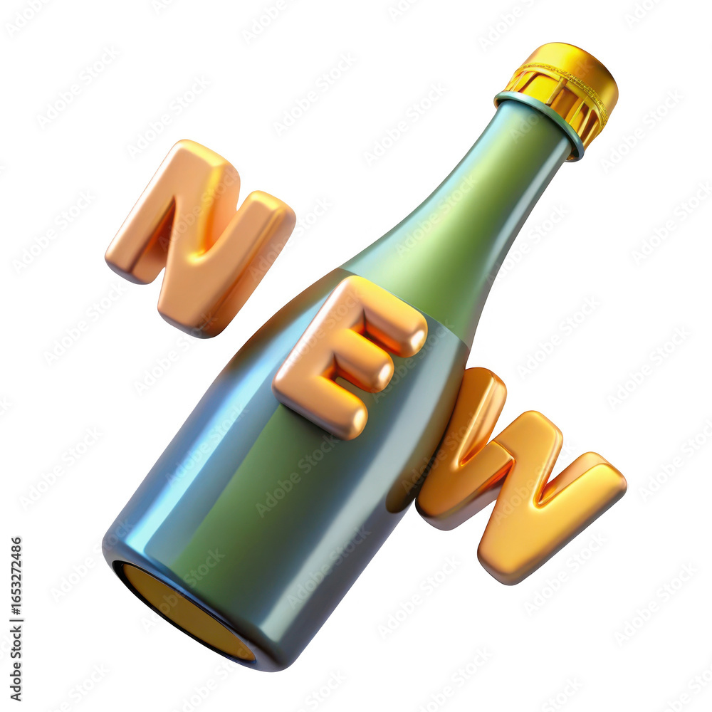 Poster 3d champagne bottle with new text isolated on transparent background
