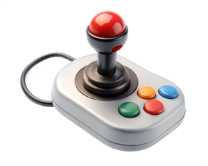 Retro joystick controller with colorful buttons, isolated on transparent background