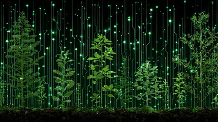 A digital forest with green and white lines, representing the digital code, and green leaves