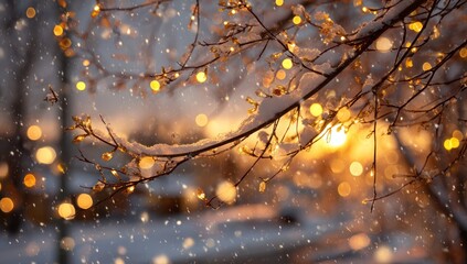 Snowy branches with warm lights