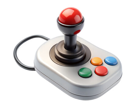 Retro joystick controller with colorful buttons, isolated on transparent background