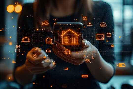 Digital smart home technology concept with mobile device and interconnected icons - Powered by Adobe