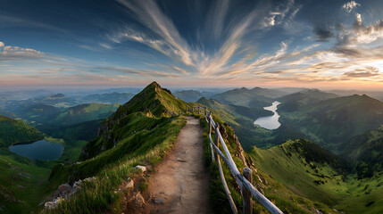 Verdant peaks and tranquil waters under a dramatic sky mountain range winding path