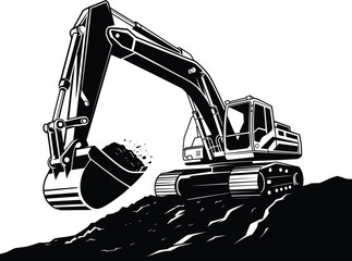 Excavator Silhouette Illustration, Heavy Construction Machinery Vector Art. © Raihan
