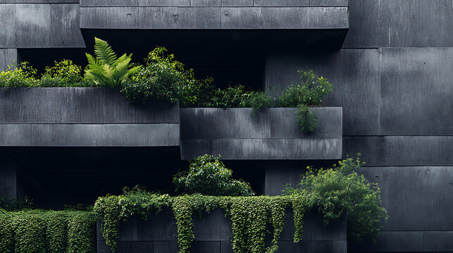 Lush green foliage cascades over dark textured concrete balconies architecture