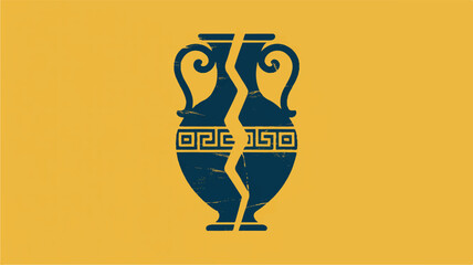Graphic illustration of a broken Greek amphora with meander pattern on a golden yellow background