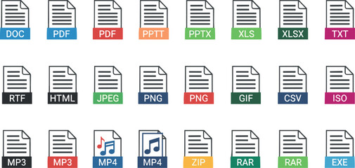 Collection of flat design file format icons for various document types. Vector set of computer data extensions.