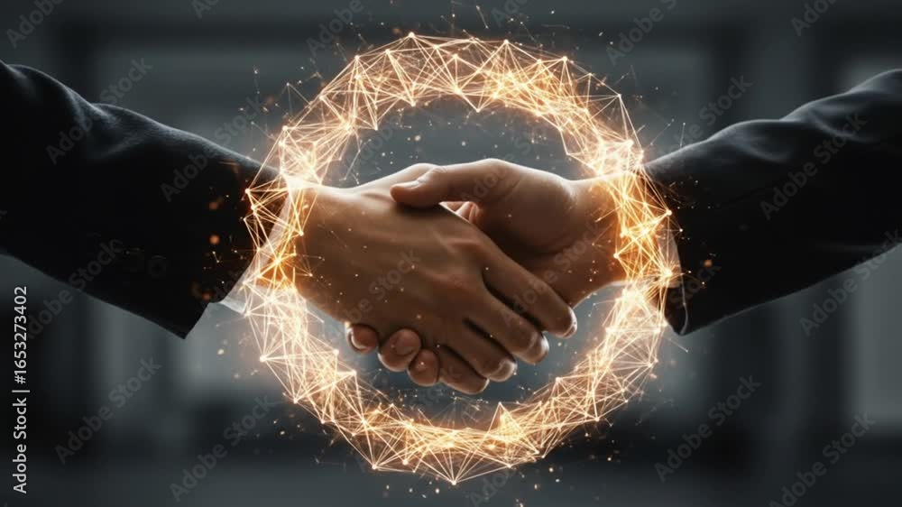 Aufkleber a digital handshake between two business partners with a glowing network connection surrounding them