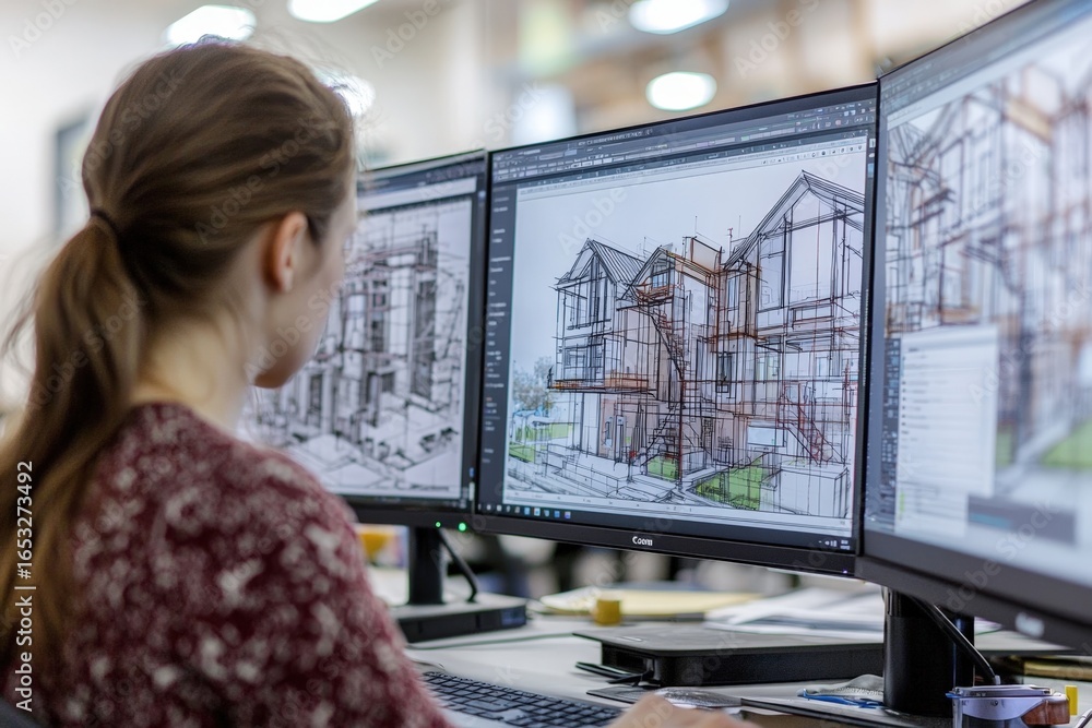 Poster architectural designer working on building plans with multiple monitors displaying detailed house sk