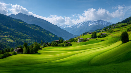 Verdant slopes dotted with dwellings ascend towards snow-capped peaks beneath a bright sky green hills