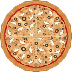 vector illustration of a pizza with olives and mushrooms