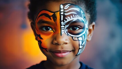 Portrait of a child with creative half tiger and half skeleton face paint, close up artistic makeup design for kids festival, Halloween or carnival celebration, vibrant and colorful expression