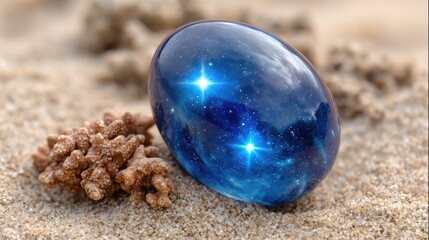 A smooth, blue orb reflecting a cosmic scene rests on sand.