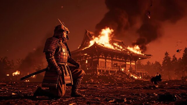 Samurai Warrior Kneeling Before Burning Temple - A lone samurai warrior in full plate armor kneels on a battlefield, his gaze cast down towards the ground.