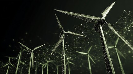 A group of wind turbines with a futuristic, wireframe design, set against a dark, industrial background.