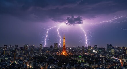 Dramatic lightning strikes illuminate Tokyo Tower and city skyline during a powerful thunderstorm, showcasing nature's raw energy over urban sprawl