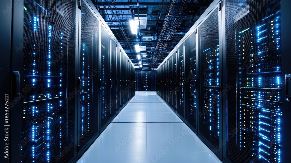 Poster modern data center with glowing blue server racks and advanced cabling infrastructure, ideal for ill