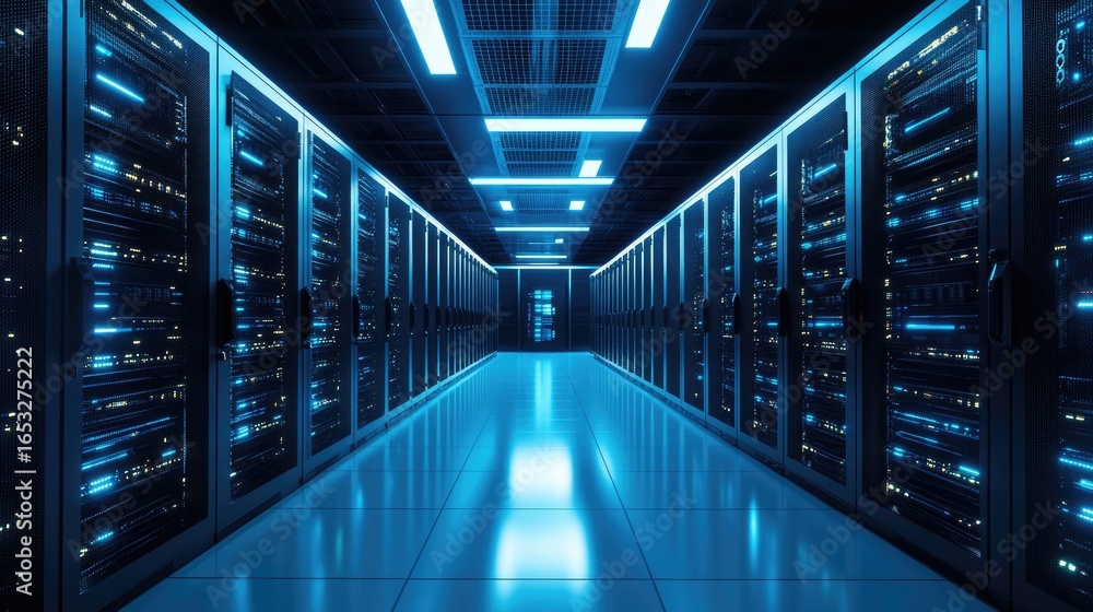 Poster futuristic data center corridor with glowing blue server racks and illuminated ceiling lights, ideal