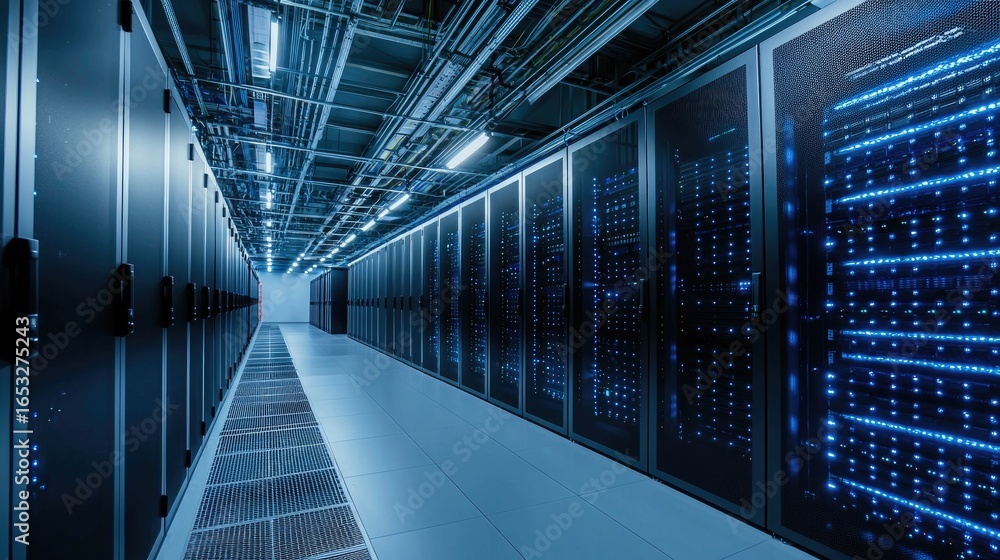 Poster modern data center with illuminated blue server racks and overhead cabling systems, ideal for cloud 