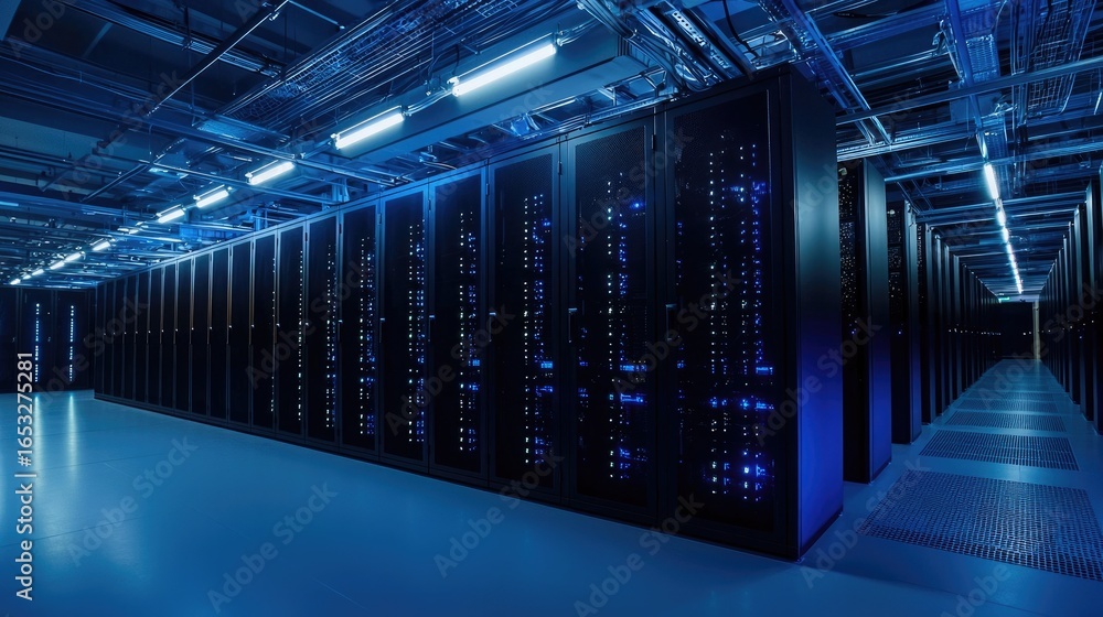 Aufkleber modern data center interior with rows of illuminated server racks and overhead cables, suitable for 