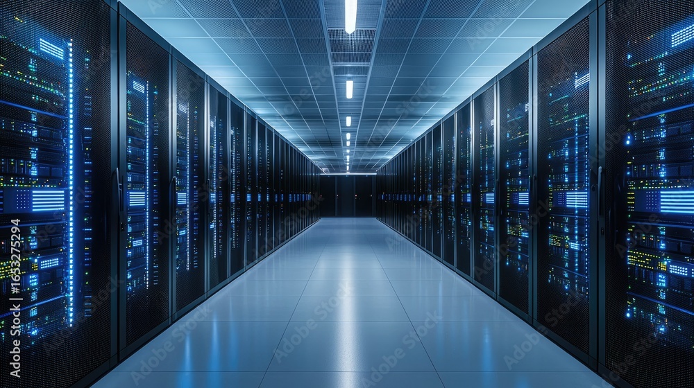 Poster high tech data center with illuminated server racks and glowing blue systems in a futuristic hallway
