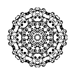 Ornate monochrome vector illustration featuring abstract skull and crossbones mandala design pattern