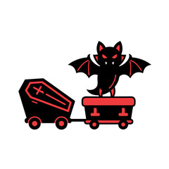 Flat halloween vector illustration spooky bat riding mine cart pulling coffin isolated