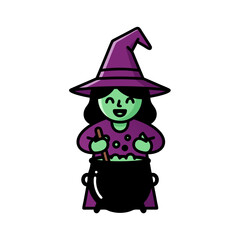 flat design vector illustration of happy witch stirring magic potion cauldron