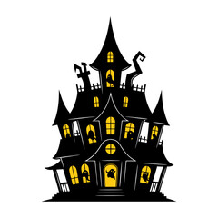 cartoon spooky vector haunted house illustration with ghosts glowing windows halloween celebration graphic