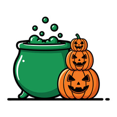 Halloween cartoon vector illustration green bubbling cauldron with stacked pumpkins isolated